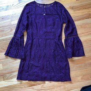 EUC Lace Purple Shift Dress with Bell Sleeve